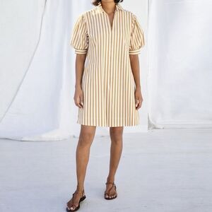 AYR Solstice Striped Shirt Dress Baguette White Puff Sleeve Cotton Size Small